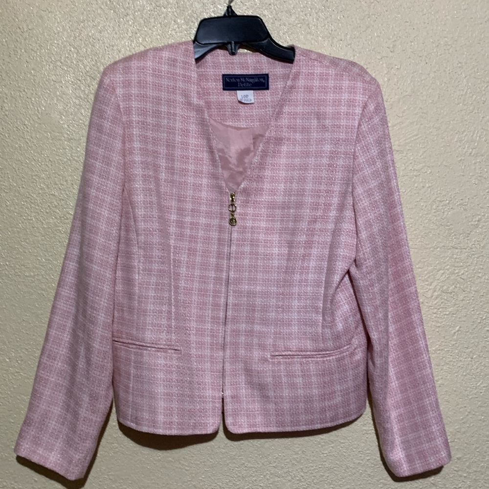 Norton McNaughton Blazer Jacket 10P Pink White Zip Up Lined Short Plaid Rayon